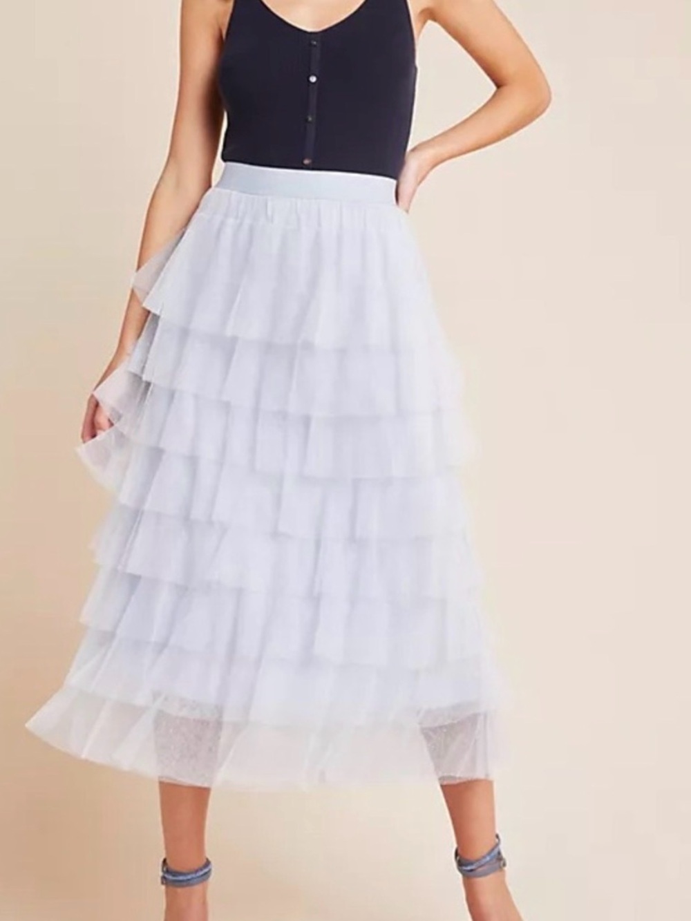 Anthropologie light baby blue tulle layered Swiss dot midi skirt small women’s